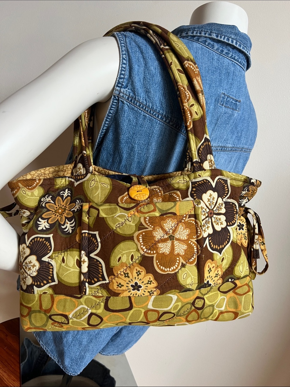 Quilted Floral Tote Bag in Brown and Olive cottagecore